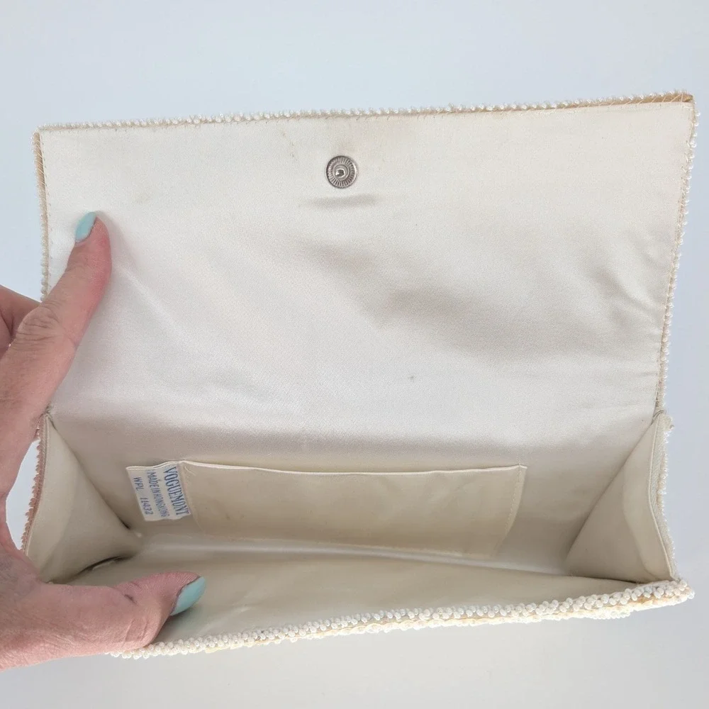 VTG Clutch Bag OS Cream Beaded Sequin Floral Leaf Evening Cocktail Bridal Retro